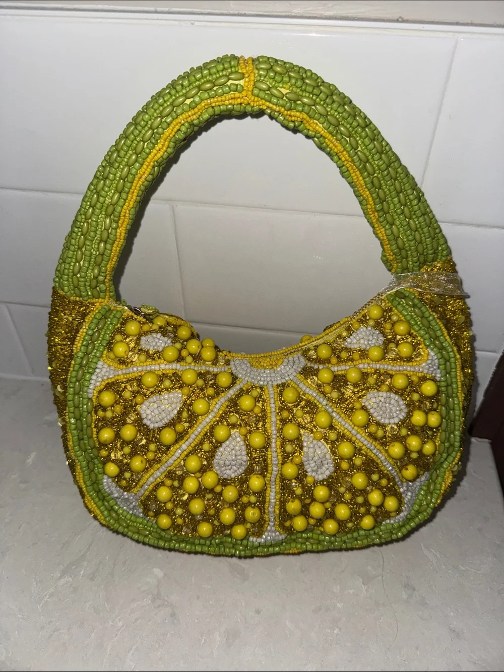Handcrafted India Yellow Green Beaded Women’s Shoulder Bag